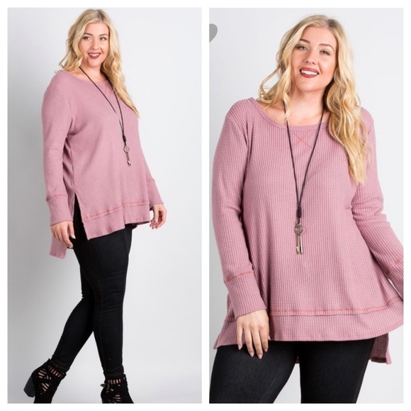 Plus Sz Mauve Waffle Knit Brushed High-lo Top - Picture 2 of 5
